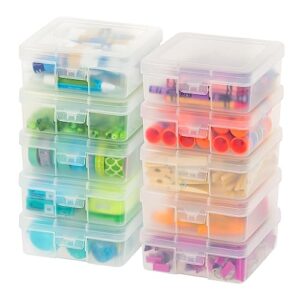 iris usa 10 pack small plastic hobby art craft supply organizer storage containers with latching lid, for pencil, lego, crayon, ribbons, wahi tape, beads, sticker, yarn, ornaments, stackable, clear