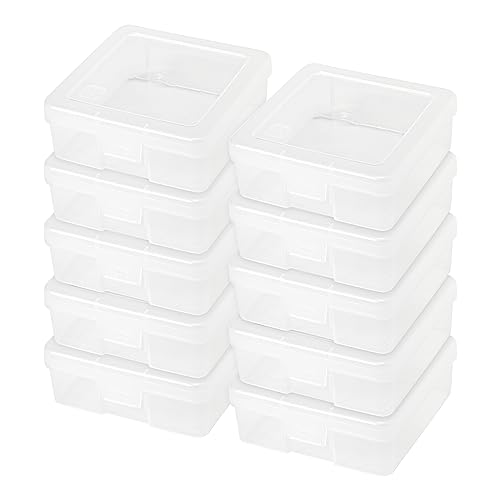 IRIS USA 10 Pack Small Plastic Hobby Art Craft Supply Organizer Storage Containers with Latching Lid, for Pencil, Lego, Crayon, Ribbons, Wahi Tape, Beads, Sticker, Yarn, Ornaments, Stackable, Clear