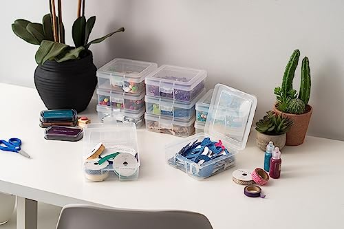 IRIS USA 10 Pack Small Plastic Hobby Art Craft Supply Organizer Storage Containers with Latching Lid, for Pencil, Lego, Crayon, Ribbons, Wahi Tape, Beads, Sticker, Yarn, Ornaments, Stackable, Clear