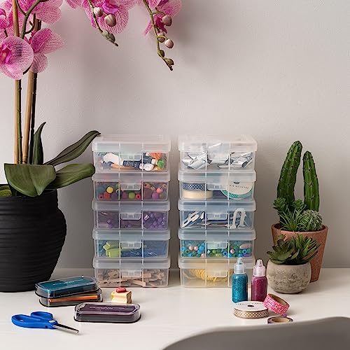 IRIS USA 10 Pack Small Plastic Hobby Art Craft Supply Organizer Storage Containers with Latching Lid, for Pencil, Lego, Crayon, Ribbons, Wahi Tape, Beads, Sticker, Yarn, Ornaments, Stackable, Clear