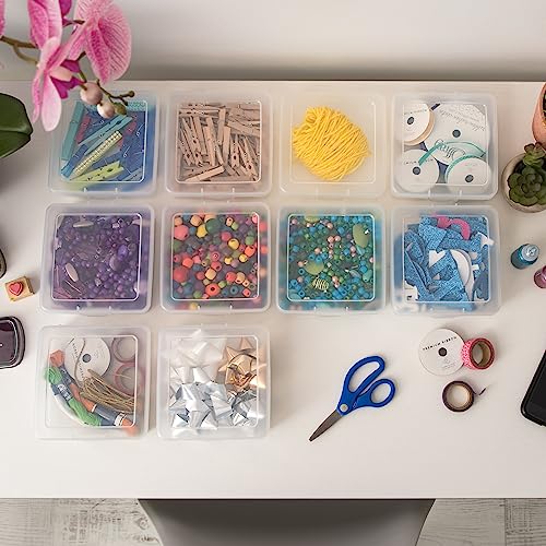 IRIS USA 10 Pack Small Plastic Hobby Art Craft Supply Organizer Storage Containers with Latching Lid, for Pencil, Lego, Crayon, Ribbons, Wahi Tape, Beads, Sticker, Yarn, Ornaments, Stackable, Clear