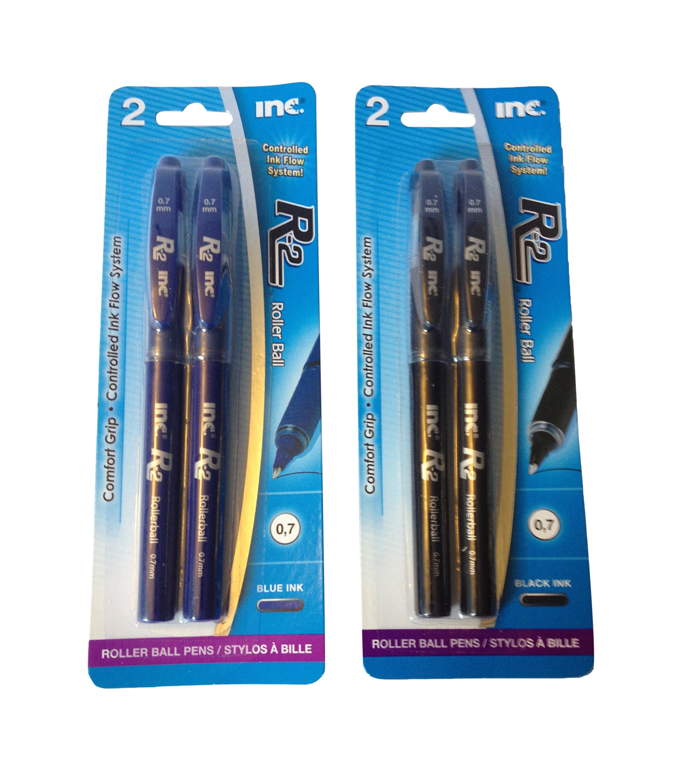 R-2 Roller Ball Pen, 2 Black Ink Plus 2 Blue Ink, Set of 4 Pens