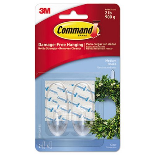 Command Clear Hooks and Strips, Plastic, Medium, 2 Hooks with 4 Adhesive Strips per Pack