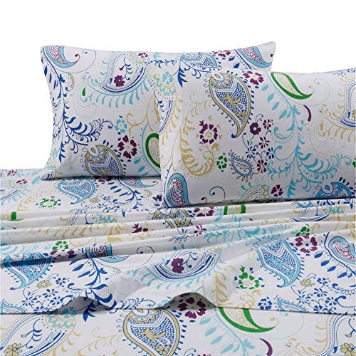 Tribeca Living Paisley Garden Printed Deep Pocket Flannel Sheet Set with Pillowcase,4pcs, King