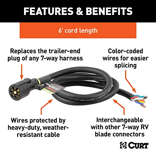 CURT 56601 Replacement 7-Pin RV Blade Trailer Wiring Harness Plug, 6-Foot Blunt-Cut Wires