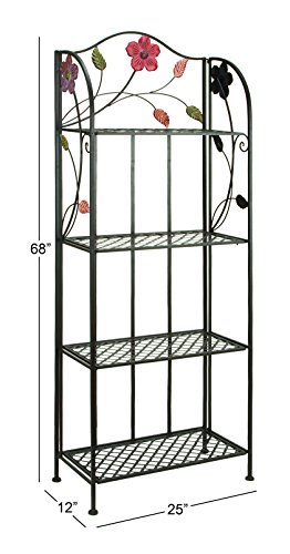 Deco 79 Metal Floral Indoor Outdoor Tall Folding 4 Shelf Bakers Rack, 25" x 12" x 68", Black