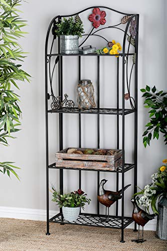 Deco 79 Metal Floral Indoor Outdoor Tall Folding 4 Shelf Bakers Rack, 25" x 12" x 68", Black