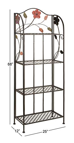 Deco 79 Metal Floral Indoor Outdoor Tall Folding 4 Shelf Bakers Rack, 25" x 12" x 68", Black