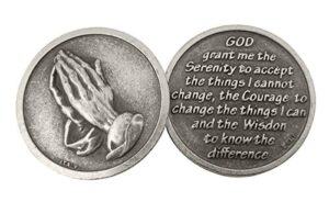 wjh silver tone serenity prayer praying hands pocket prayer token medal, 1 1/8 inch