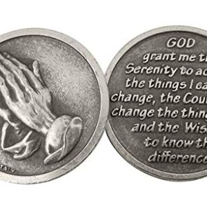 WJH Silver Tone Serenity Prayer Praying Hands Pocket Prayer Token Medal, 1 1/8 Inch