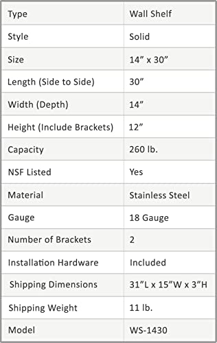 Universal WS1430 - Stainless Steel Wall Shelf - 14" X 30"
