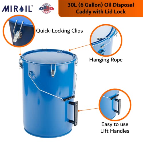 MirOil 30L 6 Gallon Oil Disposal Caddy with Lid Lock | Safe Storage & Transport of Up to 6 Gal of Polishing / Frying Oil | Utility Pail with Heat Shield Fitted Handle | Food Compatible Interior Coating