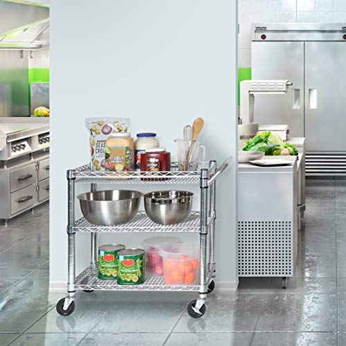 Seville Classics UltraDurable NSF Commercial Heavy Duty Metal Rolling Utility Cart, w/ Steel Shelves, Handle Bar for Restaurant, Garage, Warehouse, Kitchen, Office, Deep Top Basket (34.75"W x 18.25"D)