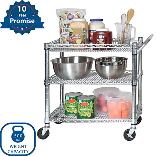 Seville Classics UltraDurable NSF Commercial Heavy Duty Metal Rolling Utility Cart, w/ Steel Shelves, Handle Bar for Restaurant, Garage, Warehouse, Kitchen, Office, Deep Top Basket (34.75"W x 18.25"D)