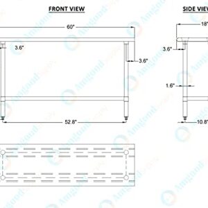 AmGood Stainless Steel Work Table with Undershelf | Kitchen Island Food Prep | Laundry Garage Utility Bench | NSF Certified (60" Long x 18" Deep)