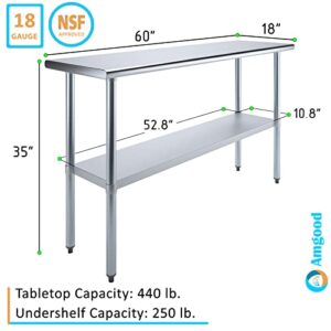 AmGood Stainless Steel Work Table with Undershelf | Kitchen Island Food Prep | Laundry Garage Utility Bench | NSF Certified (60" Long x 18" Deep)