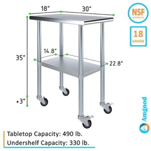 30" X 18" AmGood Stainless Steel Work Table with Wheels | Metal Mobile Table | Food Prep