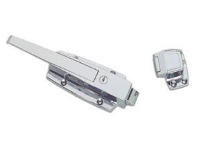 1/8 to 3/8" offset polished chrome heavy duty walk-in cooler door safety latch with cylinder lock and strike