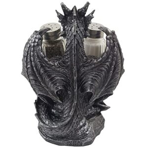 Mythical Dragon Salt and Pepper Shaker Set with Holder Figurine for Medieval & Fantasy Bar or Kitchen Table Decor Sculptures and Gothic Gifts by Home-n-Gifts