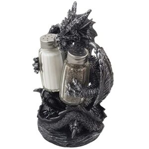 Mythical Dragon Salt and Pepper Shaker Set with Holder Figurine for Medieval & Fantasy Bar or Kitchen Table Decor Sculptures and Gothic Gifts by Home-n-Gifts