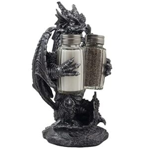 Mythical Dragon Salt and Pepper Shaker Set with Holder Figurine for Medieval & Fantasy Bar or Kitchen Table Decor Sculptures and Gothic Gifts by Home-n-Gifts