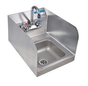bk resources space saver stainless steel wall mount commercial hand sink with faucet, 9" x 9" bowl size, side splash guards, splash mount faucet holes, heavy duty commercial food service, nsf