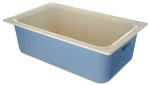 carlisle foodservice products cm1100c1402 coldmaster coolcheck 6" deep full-size insulated cold food pan, 15 quart, color changing, white/blue