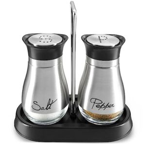juvale stainless steel salt and pepper shakers set with holder, refillable, clear glass bottoms, screw-off perforated "s" and "p" caps for kitchen table decor (4oz)
