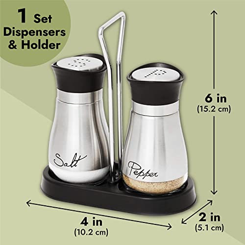 Juvale Stainless Steel Salt and Pepper Shakers Set with Holder, Refillable, Clear Glass Bottoms, Screw-Off Perforated "S" and "P" Caps for Kitchen Table Decor (4oz)