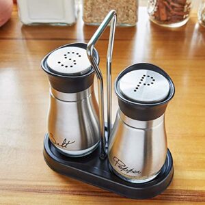 Juvale Stainless Steel Salt and Pepper Shakers Set with Holder, Refillable, Clear Glass Bottoms, Screw-Off Perforated "S" and "P" Caps for Kitchen Table Decor (4oz)