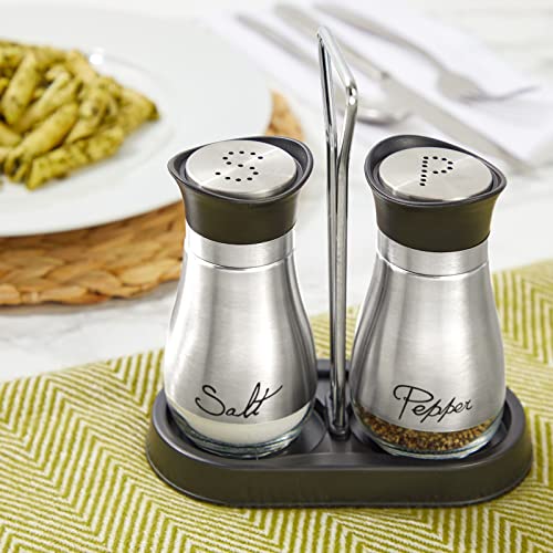 Juvale Stainless Steel Salt and Pepper Shakers Set with Holder, Refillable, Clear Glass Bottoms, Screw-Off Perforated "S" and "P" Caps for Kitchen Table Decor (4oz)