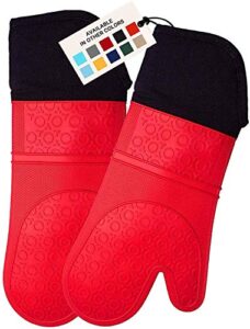 homwe extra long professional silicone oven mitt, oven mitts with quilted liner, heat resistant pot holders, flexible oven gloves, red, 1 pair, 14.7 inch