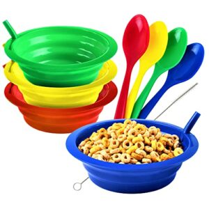 green direct sippy bowl with straw and spoons | 22 ounce plastic cereal bowls with straws bpa free assorted color | built-in straw bowl blue red green yellow pack of 4