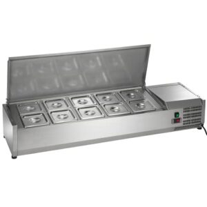 arctic air acp55 55" refrigerated countertop condiment prep station with 10 pan compartments, stainless steel, 115v