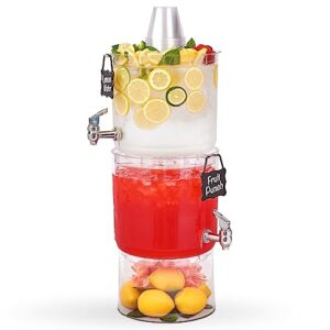 buddeez beverage dispenser with stand - (2 count) stackable 2 gallon tritan clear drink dispenser, large party drink dispenser, top lid for cups & fruit, (bonus chalkboard id tag)