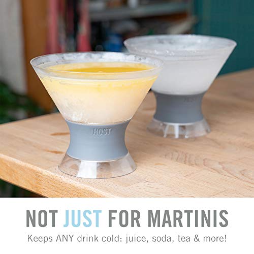 HOST Freeze Insulated Martini Cooling Cups, Plastic Freezer Gel Chiller Double Wall Stemless Cocktail Glass Set of 2, 9 oz, Grey