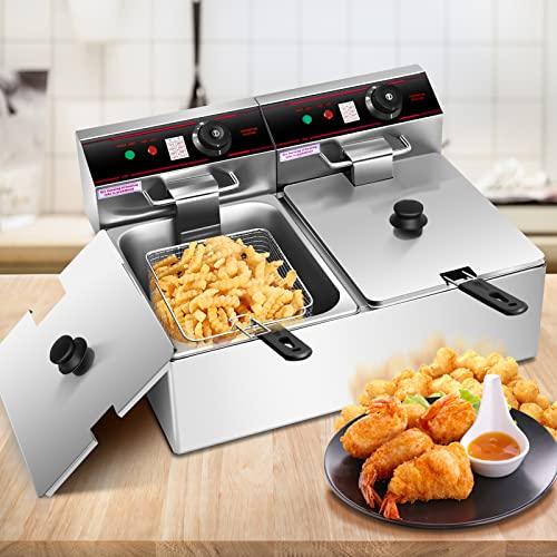 Giantex 3400W Commercial Deep Fryer Dual Tank, 12.8QT Stainless Steel Electric Deep Fryer with 2 Baskets, Lids and Temperature Control for French Fries Turkey Chicken Restaurant Home Kitchen