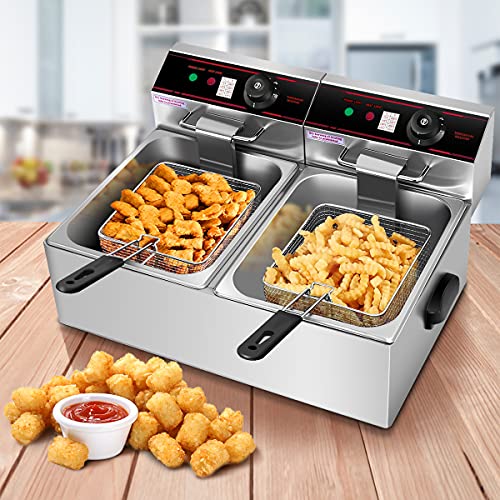 Giantex 3400W Commercial Deep Fryer Dual Tank, 12.8QT Stainless Steel Electric Deep Fryer with 2 Baskets, Lids and Temperature Control for French Fries Turkey Chicken Restaurant Home Kitchen