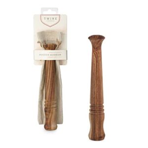 Twine Acacia Wood Muddler, Bar Accessory and Cocktail Drinkware Tool, Kitchen Essential with Jute Storage Pouch, Set of 1, Wood Grain