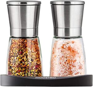 modetro salt and pepper shakers set 6 oz each adjustable coarseness pepper grinder mill for sea salt spice stainless steel glass 2 pack