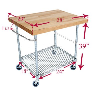 3 Tier Gourmet Cart with 20" Deep x 28" Wide Maple Butcher Block Top