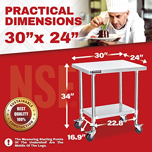 Food Prep Stainless Steel Table - DuraSteel 30 x 24 Inch Metal Table Cart - Commercial Workbench with Caster Wheel - NSF Certified - For Restaurant, Warehouse, Home, Kitchen, Garage