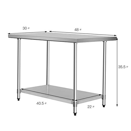 Giantex 30"x 48" Stainless Steel Work Table with Shelf Commercial Kitchen Food Prep Table Adjustable Height and Feet