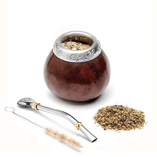 BALIBETOV Yerba Mate Gourd Set (Original Natural Handmade Yerba Mate Cup Argentina) - Includes Mate Tea Cup, Bombilla (Yerba Mate Straw) and Clean Brush - Classic Mate Cup and Bombilla (Dark Brown)