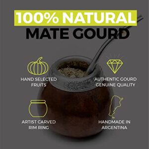 BALIBETOV Yerba Mate Gourd Set (Original Natural Handmade Yerba Mate Cup Argentina) - Includes Mate Tea Cup, Bombilla (Yerba Mate Straw) and Clean Brush - Classic Mate Cup and Bombilla (Dark Brown)