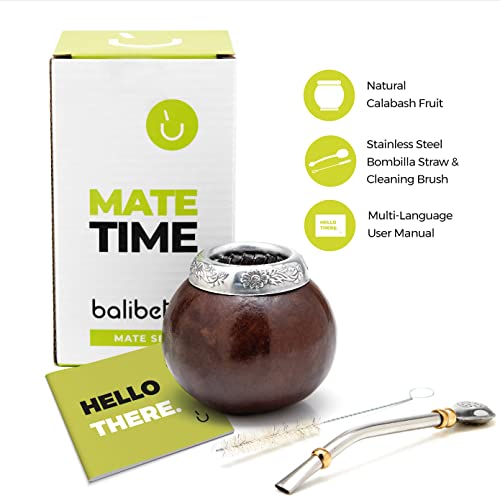 BALIBETOV Yerba Mate Gourd Set (Original Natural Handmade Yerba Mate Cup Argentina) - Includes Mate Tea Cup, Bombilla (Yerba Mate Straw) and Clean Brush - Classic Mate Cup and Bombilla (Dark Brown)