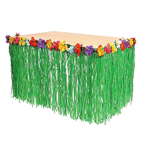 Tytroy 9ft Reusable Green Grass Hibiscus Flowers Hawaiian Luau Table Skirt Set with Bonus 12 Green Tropical Palm Leaves Perfect for Tropical Theme Tiki Hula or Moana Birthday Parties (Green)