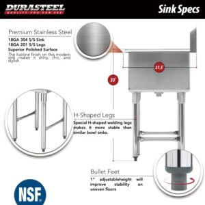 Stainless Steel Prep & Utility Sink - DuraSteel 1 Compartment Commercial Kitchen Sink - NSF Certified - Single 24" x 24" Inner Tub with No Lead Faucet (Restaurant, Kitchen, Laundry, Garage)