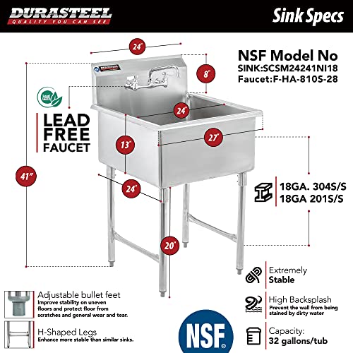 Stainless Steel Prep & Utility Sink - DuraSteel 1 Compartment Commercial Kitchen Sink - NSF Certified - Single 24" x 24" Inner Tub with No Lead Faucet (Restaurant, Kitchen, Laundry, Garage)