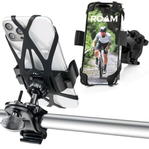 roam bike phone mount - motorcycle phone mount- 360° rotation with universal handlebar fit for bikes, motorcycles, scooters, strollers - phone holder for bike compatible w/iphone & android cell phones